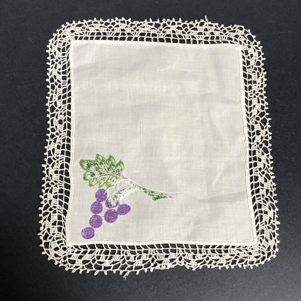 Vintage Small Table Topper Linens Square Purple Grapes Red Flowers Crochet Edge